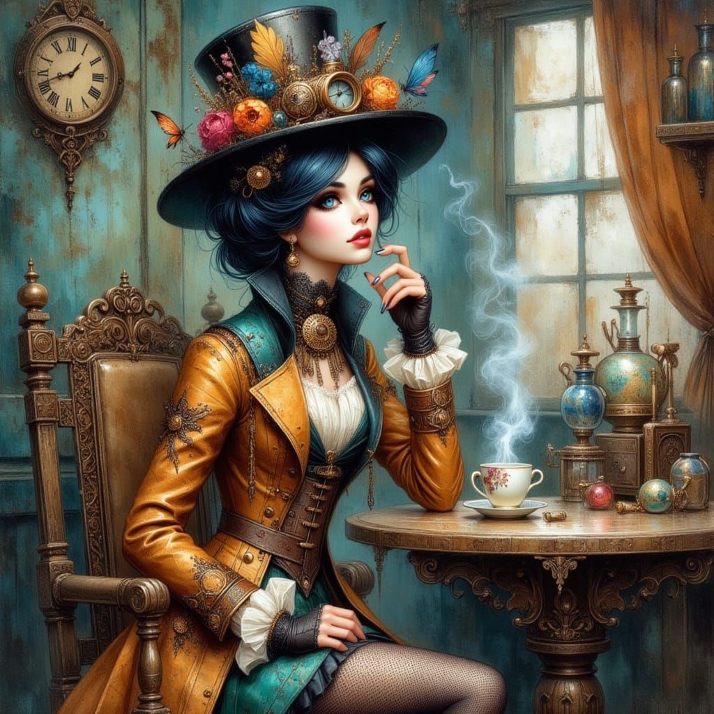 Steampunk Woman Enjoys Tea in Whimsical Setting