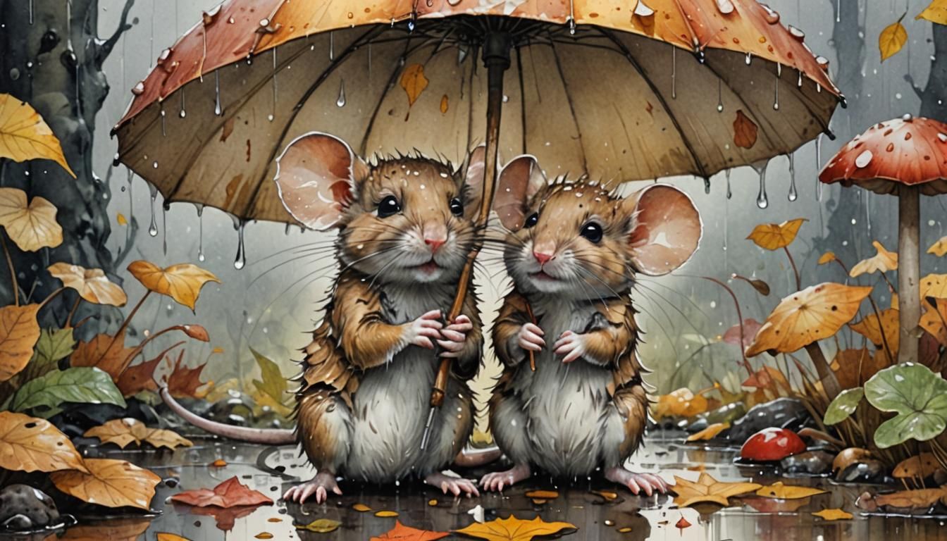 Mouse Under Mushroom Umbrella in Watercolor Style