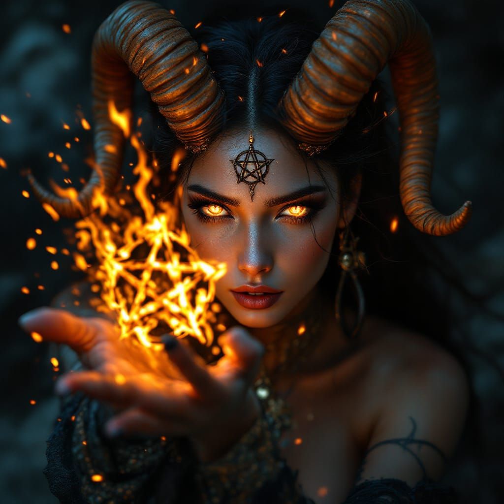 Beautiful Sorceress with Goat Horns Casting Fire Spell