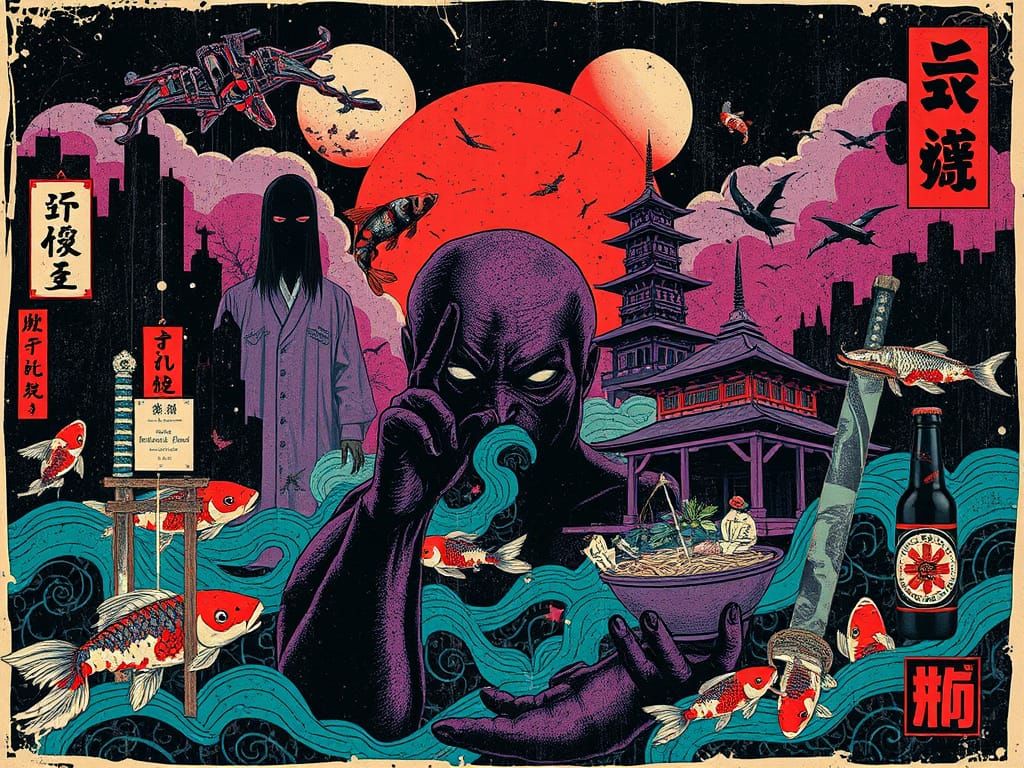 Surreal Japanese Noir Collage in Distressed Poster Style