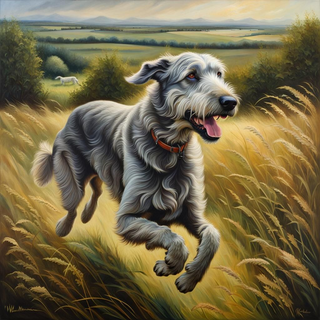 Irish Wolfhound Meadow Run: Hyperrealistic Oil Painting
