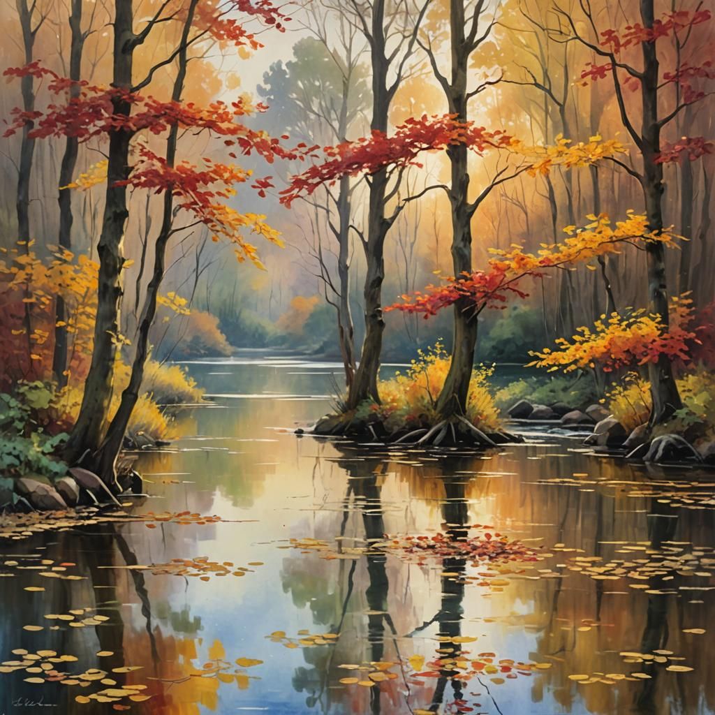 Autumn Forest Lake in Impressionist Oil Painting