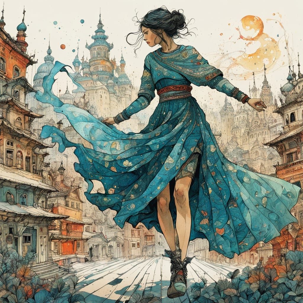 Woman Dancing with Seven Translucent Cloaks in Contrasting P...