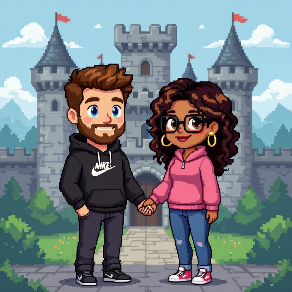 Pixel Art Couple at Castle in Golden Hour
