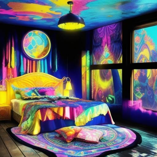 Bohemian colorful hippie bedroom with colorful psychedelic walls and colorful psychedelic Hugh windows and whimsical psy...