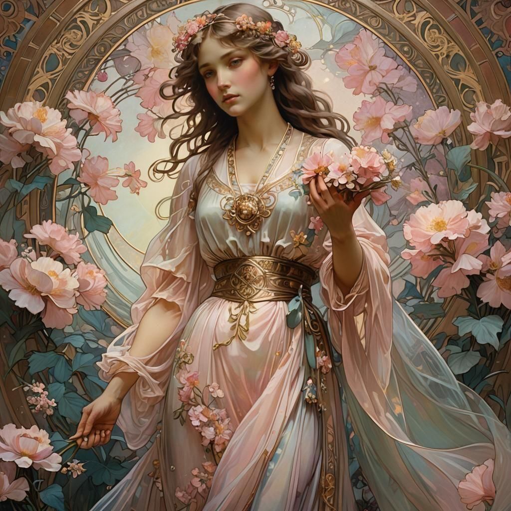 Art Nouveau Woman in Dreamy Pink Light