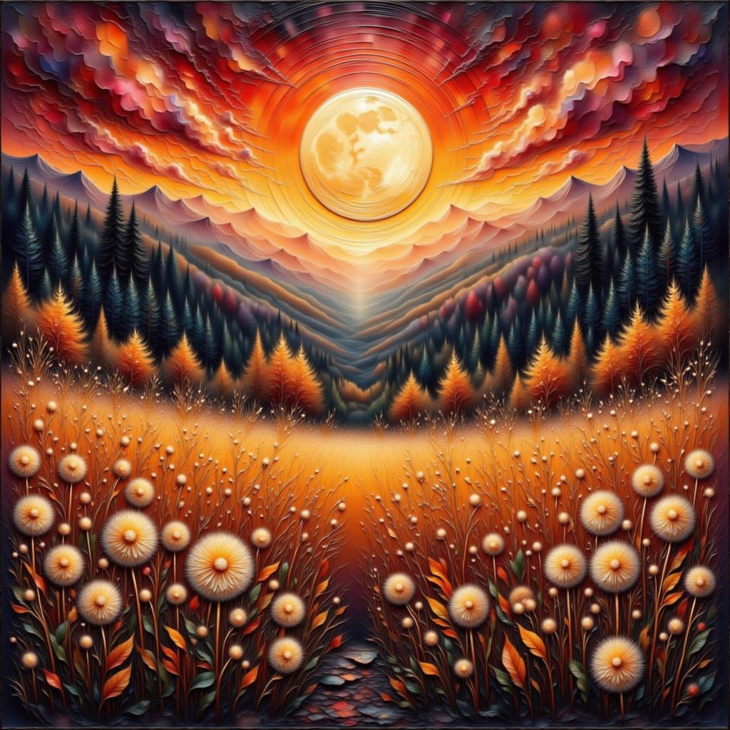 Autumn Meadow at Dusk with Luminous Moon