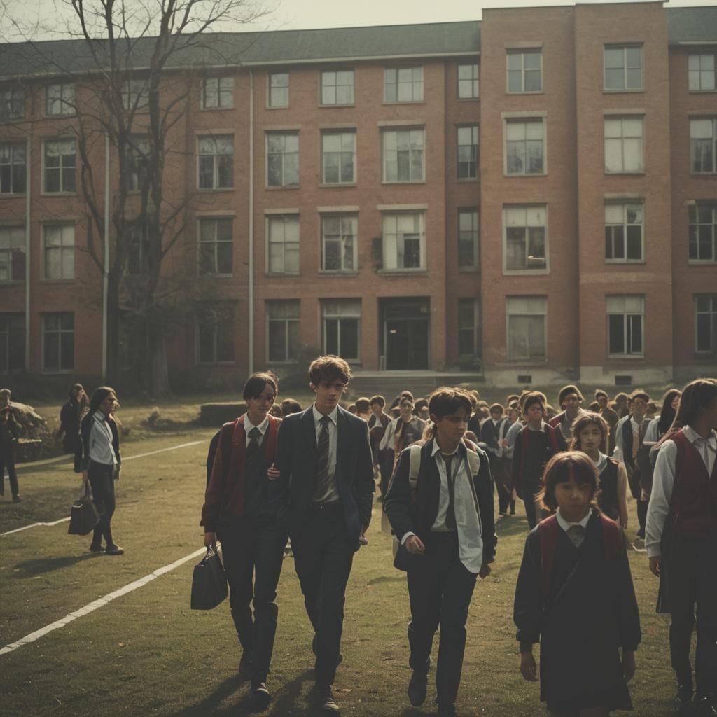 Cinematic School Scene with Film Grain Effect