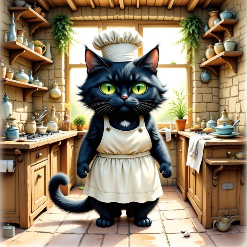 CAT wearing a chef's HAT inside a HUT