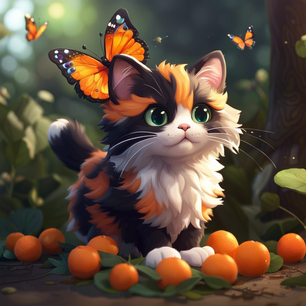 "A really cute hyperdetailed chibi fluffy calico cat playing with an orange butterfly, vibrant"