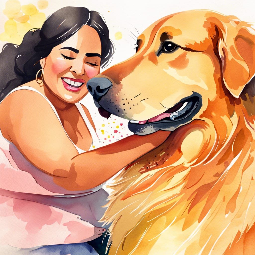 Chubby Latina Housewife with Golden Retriever in Watercolor