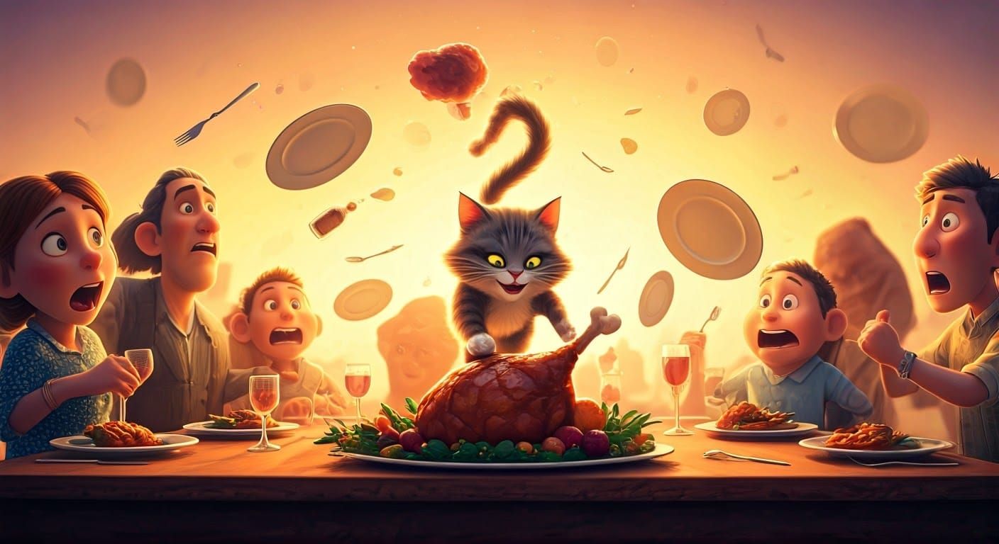 Mischievous Cat Steals Ham in Pixar Style