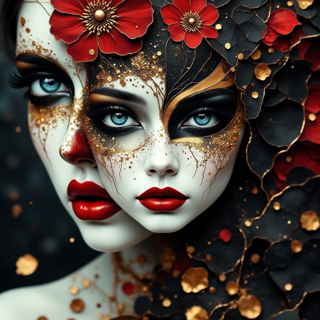 Woman with Intricate Face Painting in Cloisonne Style