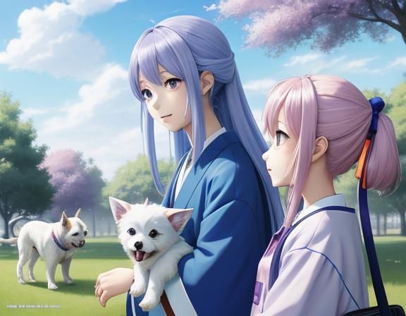 Anime Kids Playing with Puppies in Park: Manga Style