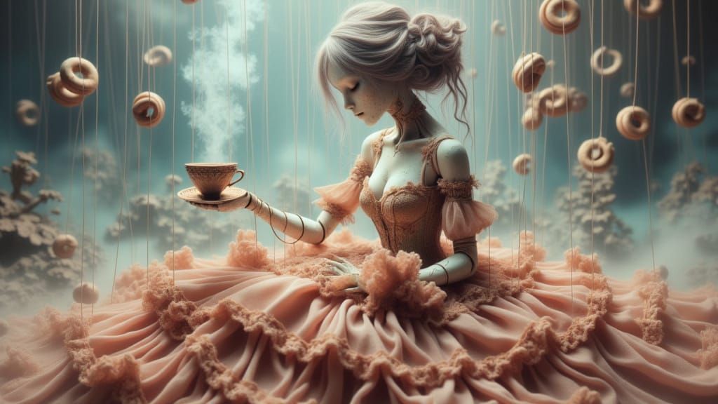 Whimsical Woman with Coffee and Donuts in Neo-Classical Styl...