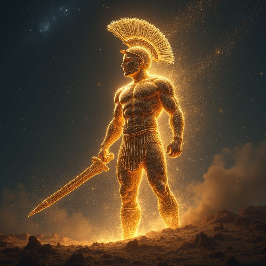 Golden Spartan Warrior Amidst Cosmic Dust