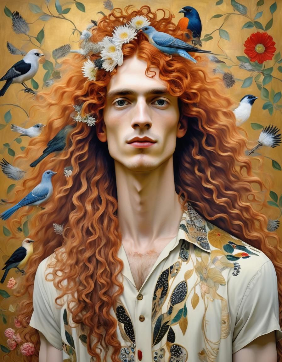 Portrait of Man with Birds Nesting in Hair