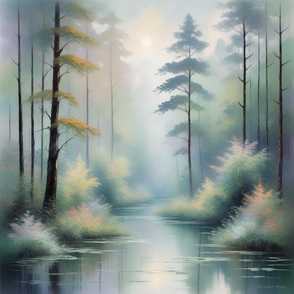 Misty Forest Landscape in Impressionist Style