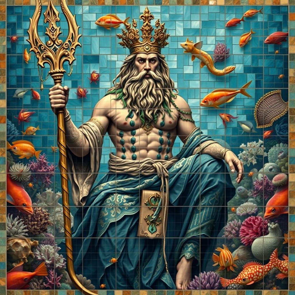 Poseidon in Mosaic Tile, Detailed Digital Art