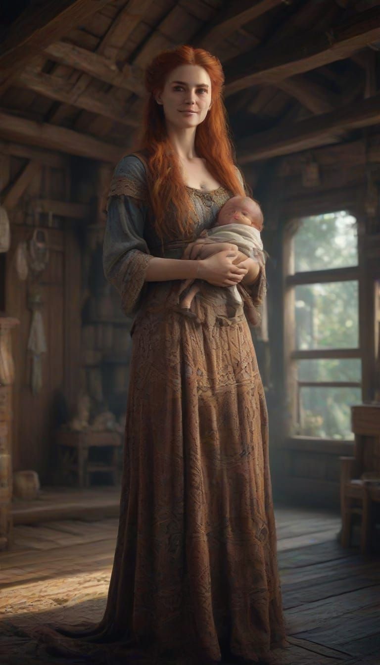Viking Mother Embracing Joy in Cozy Cottage