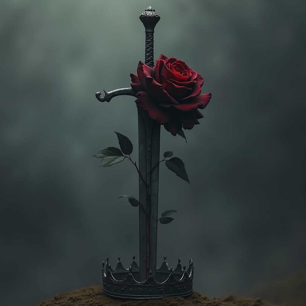 Dark Fantasy Rose in Ancient Sword with Black Silver Crown