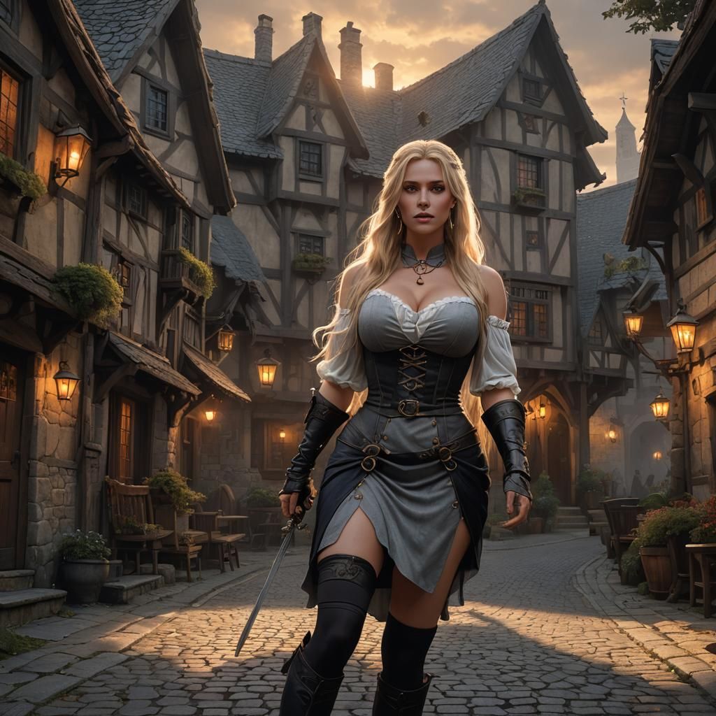 Fantasy Woman Arrives at Medieval Inn, Digital Art