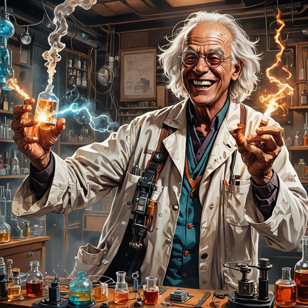 Mad Scientist with Electrical Smoke: Digital Illustration