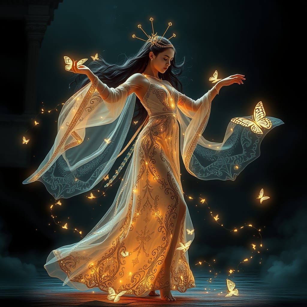 Goddess of Dreams Dancing with Butterflies in Synthwave Styl...