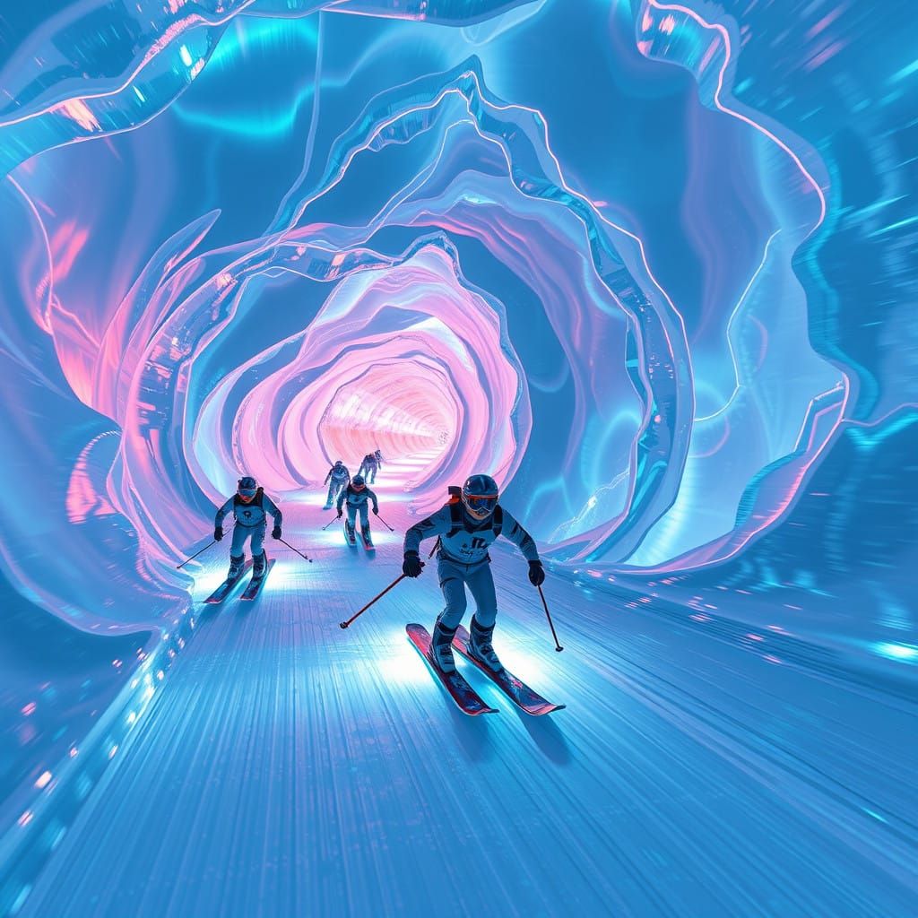Realistic Futuristic Ski Resort Made of Glowing Ice and Holo...
