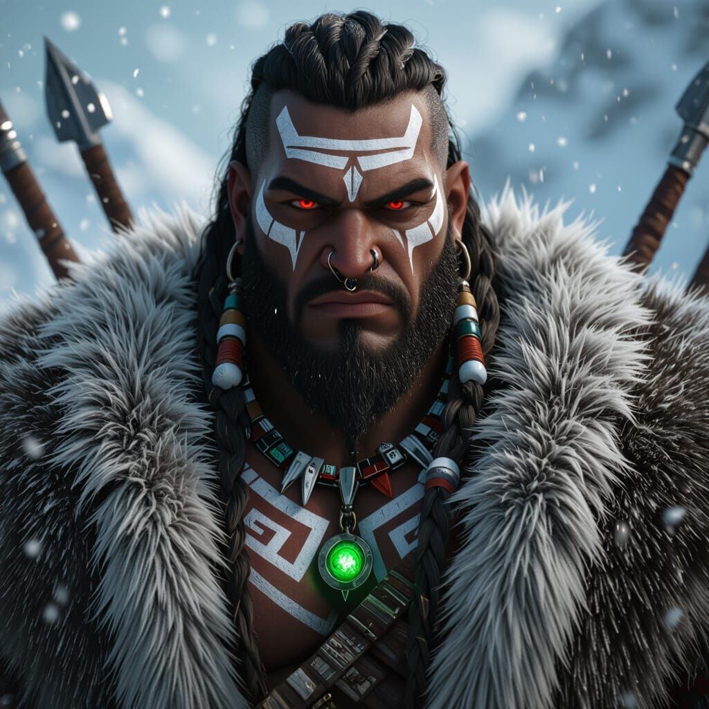 Tribal Warrior with Red Eyes and Fur Coats