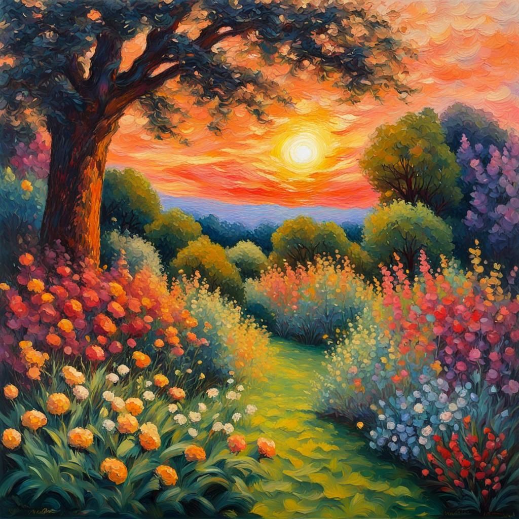 English Secret Garden Sunset in Expressionist Style