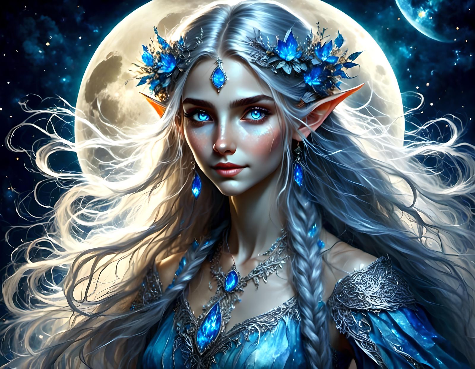 Ethereal Moon Elf Maiden in Watercolour Style