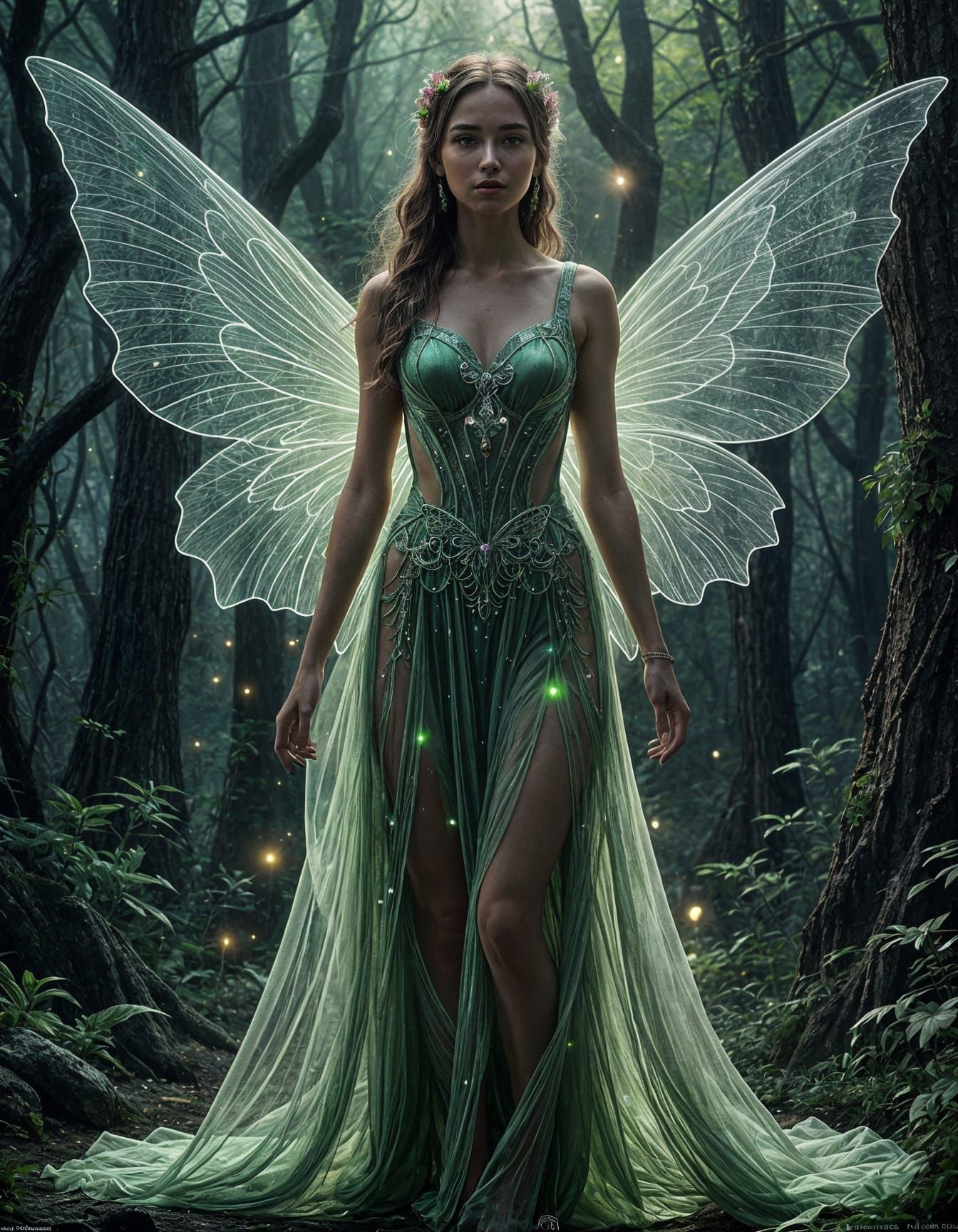 Ethereal Neon Fairy Portrait in Dreamlike Forest