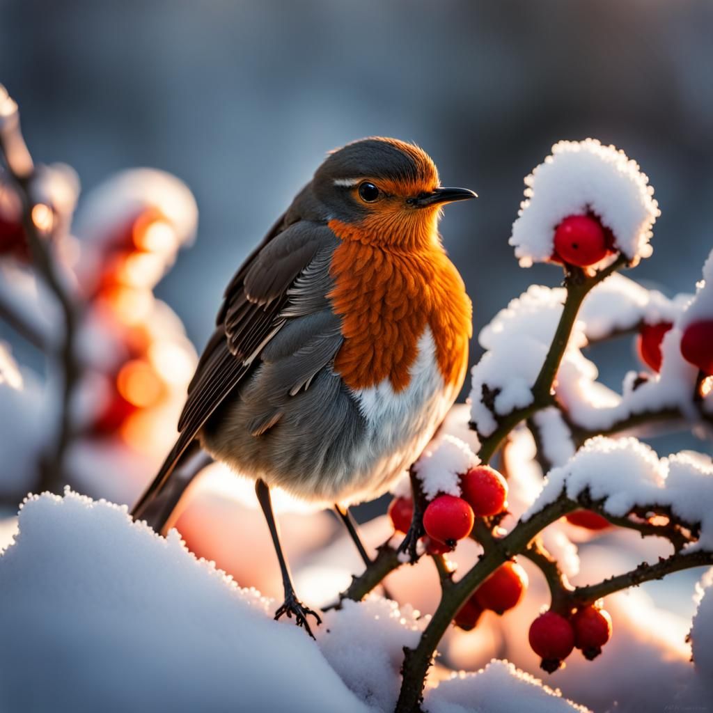 Robin on Holly Branch at Sunset