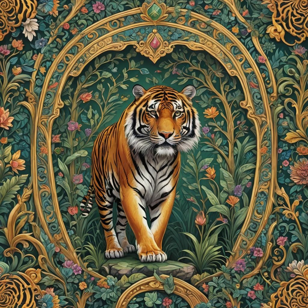 Rainbow Tiger Lounging in Emerald Labyrinth