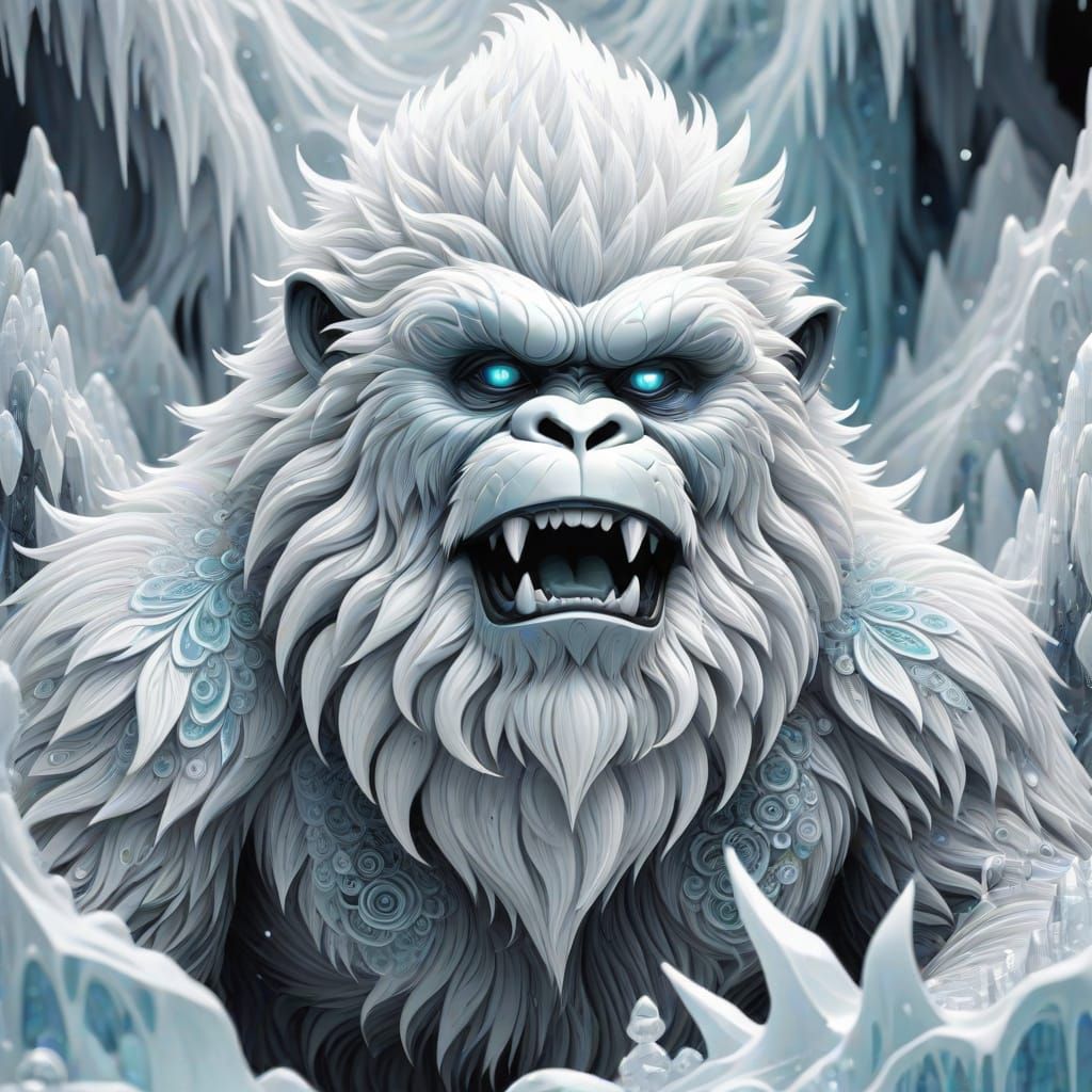 Monochrome Yeti with Abstract Fractal Patterns