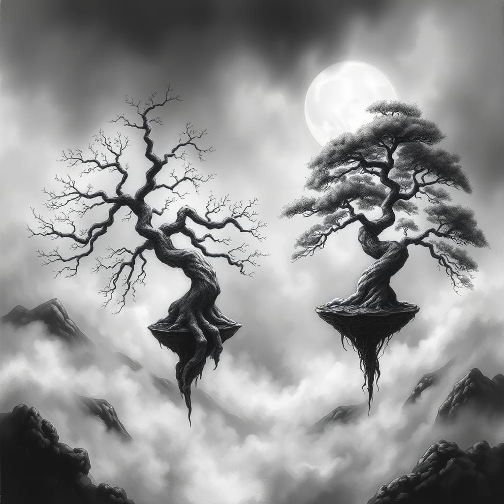 Surreal Tree Spirits in Dreamlike Landscape