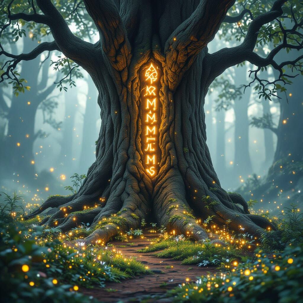 A majestic, ancient tree with glowing runes carved into its ...
