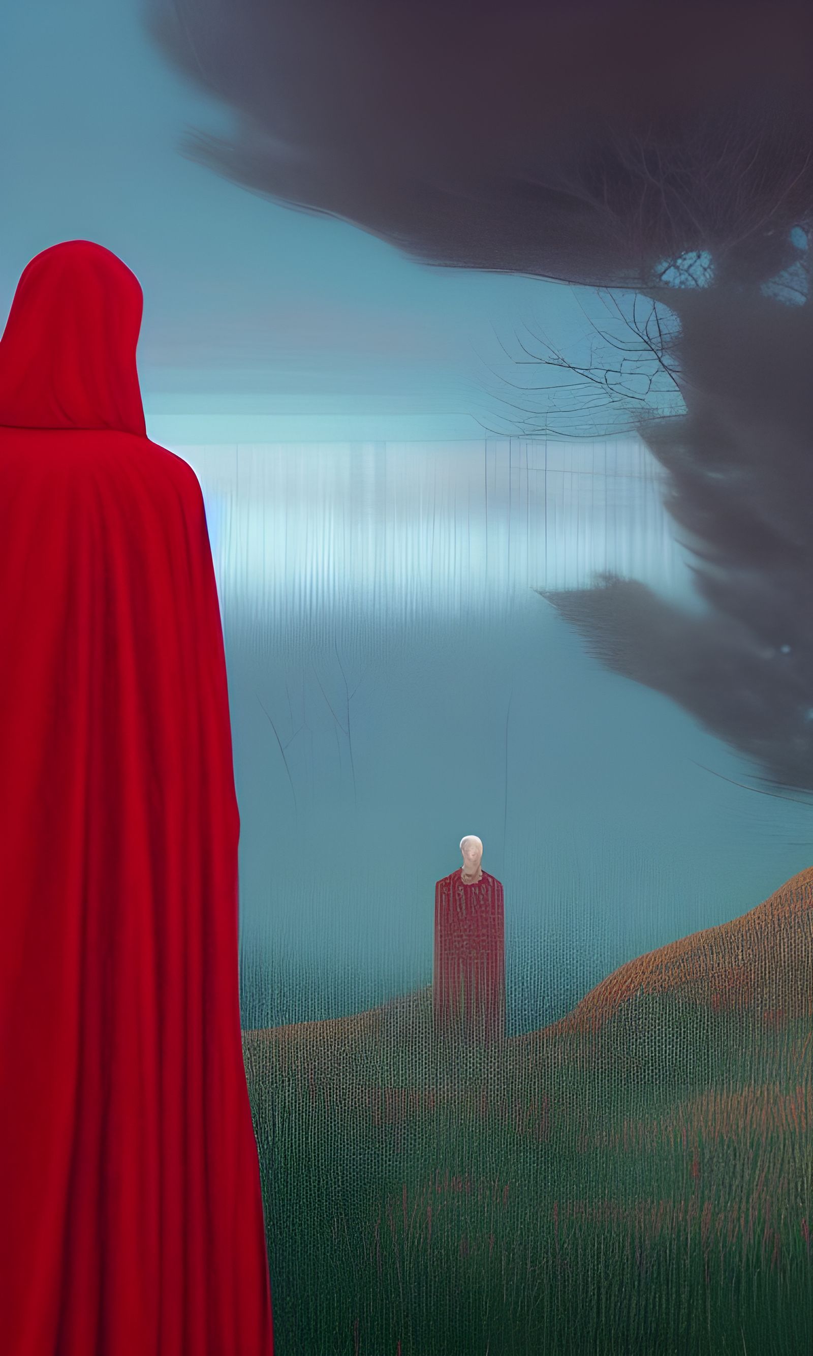 Farewell in Red Cloak: Surreal Digital Illustration