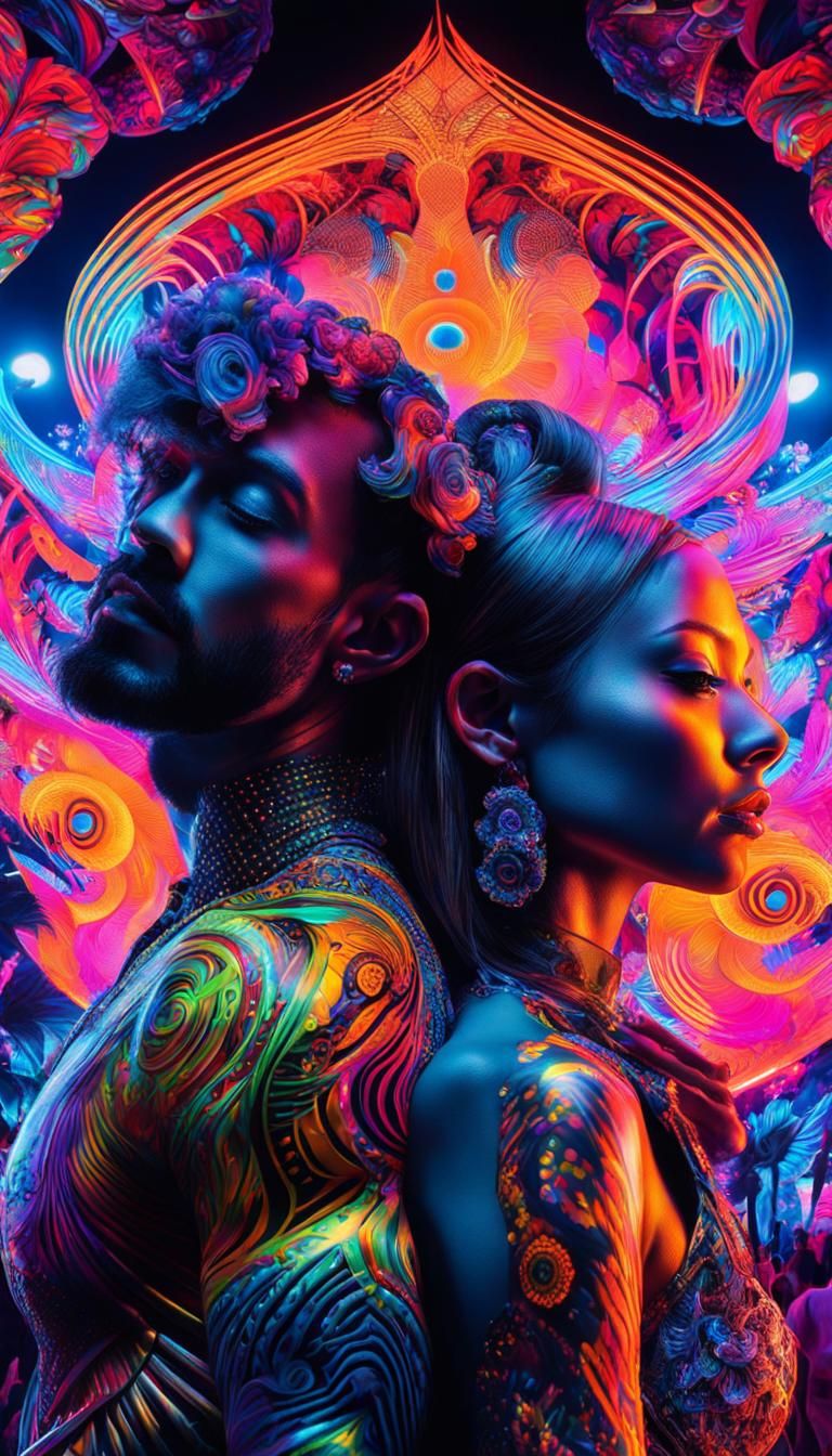 Dancing Couple at Crowded Rave in Maximalist Style