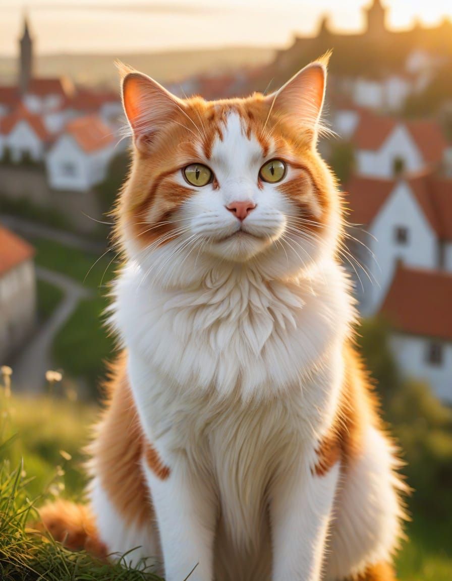 Anime Cat Girl Smirks on Grassy Overlook