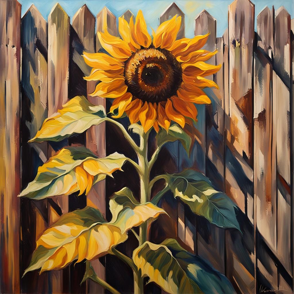 Sunflower in Rustic Field as Impasto Oil Painting