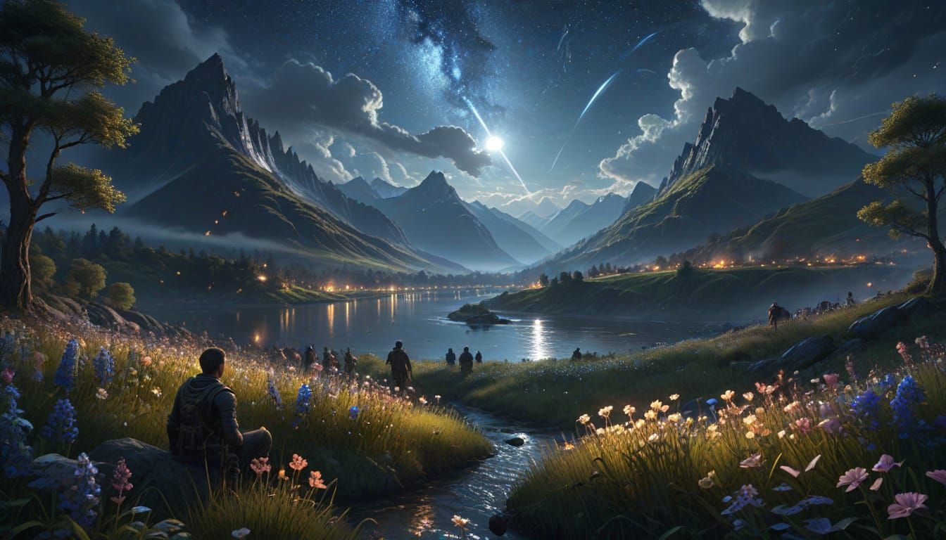 Stargazers in a Magical Landscape with Divine Light