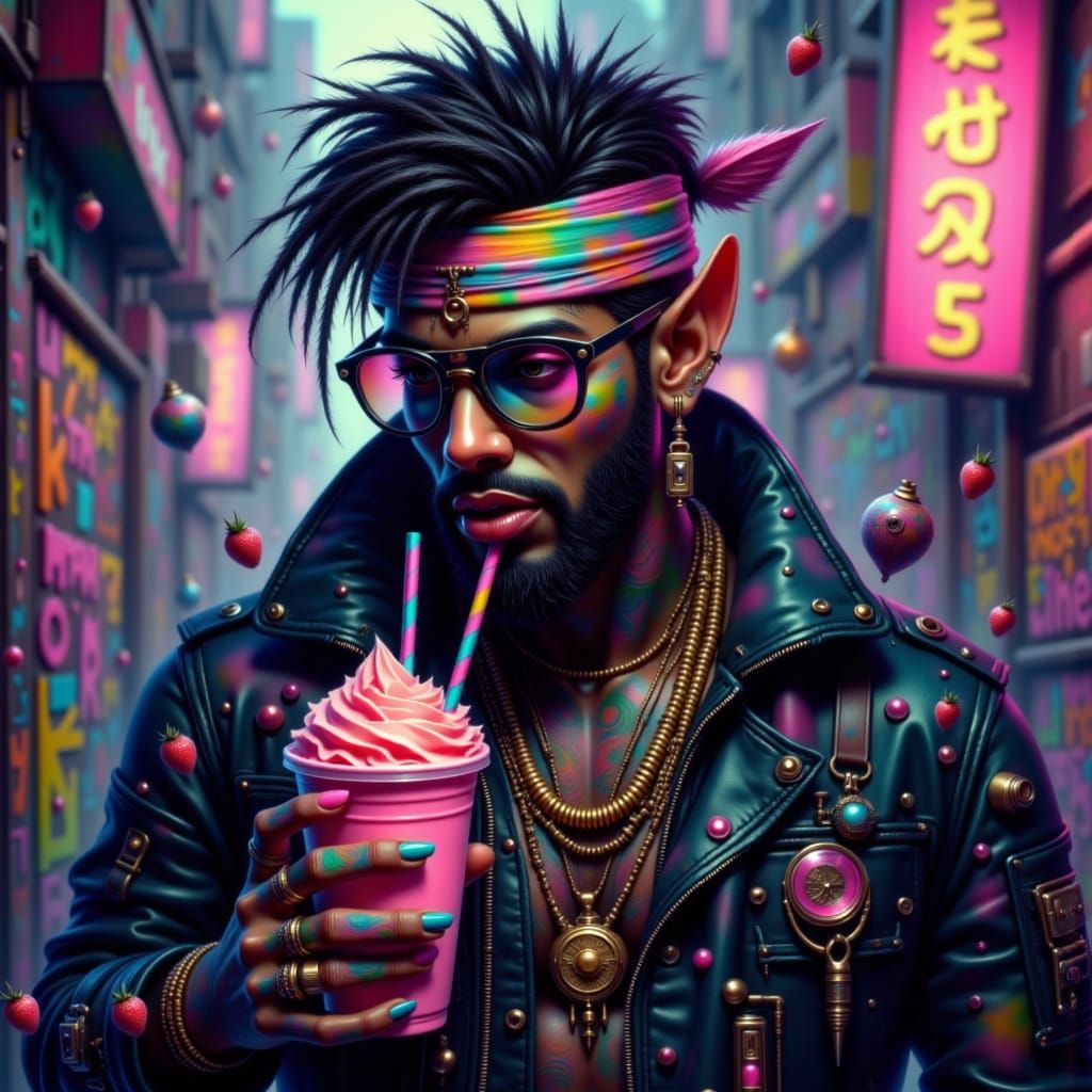 Gangster Rapper with Strawberry Smoothie in Digital Art Styl...