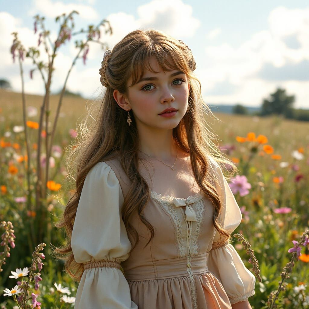 Victorian Woman in Meadow, Ghibli-Inspired, Cinematic Style