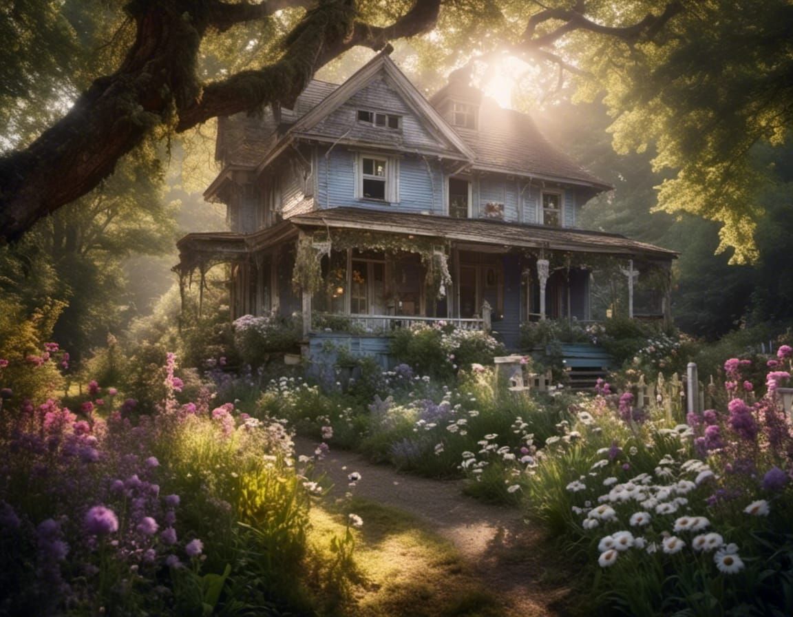 Victorian Cottage Garden in Morning Sunshine