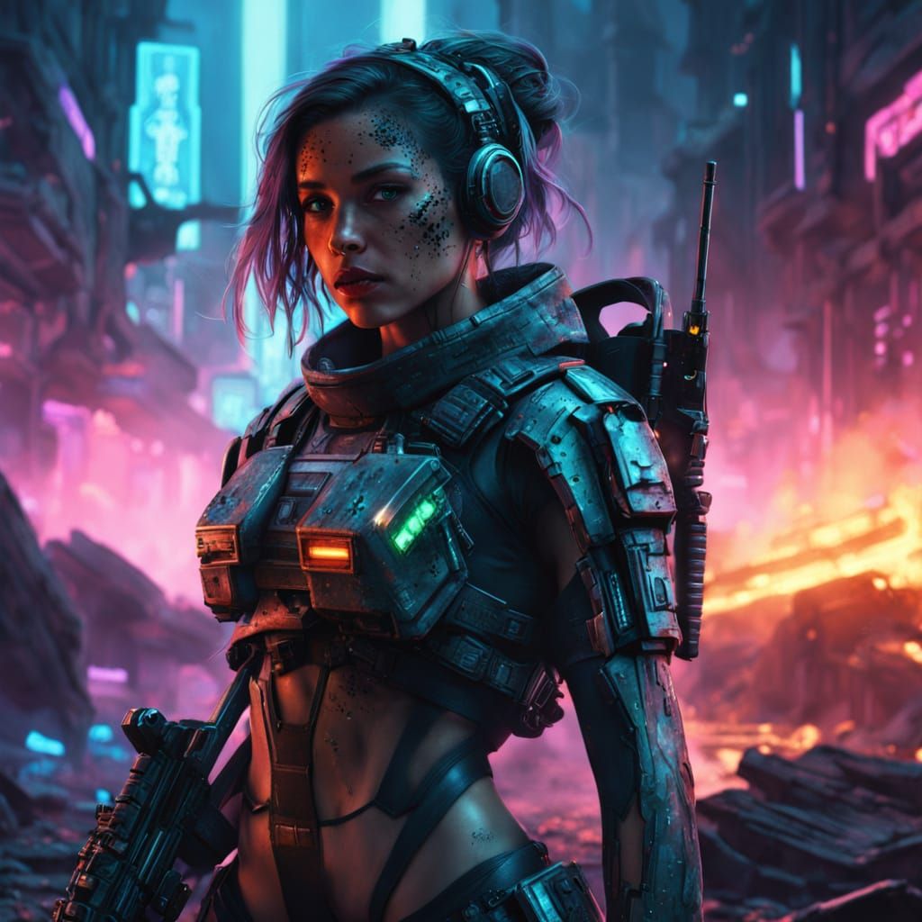 Cyberpunk Soldier Reloads Plasma Rifle in Smoldering Battlef...