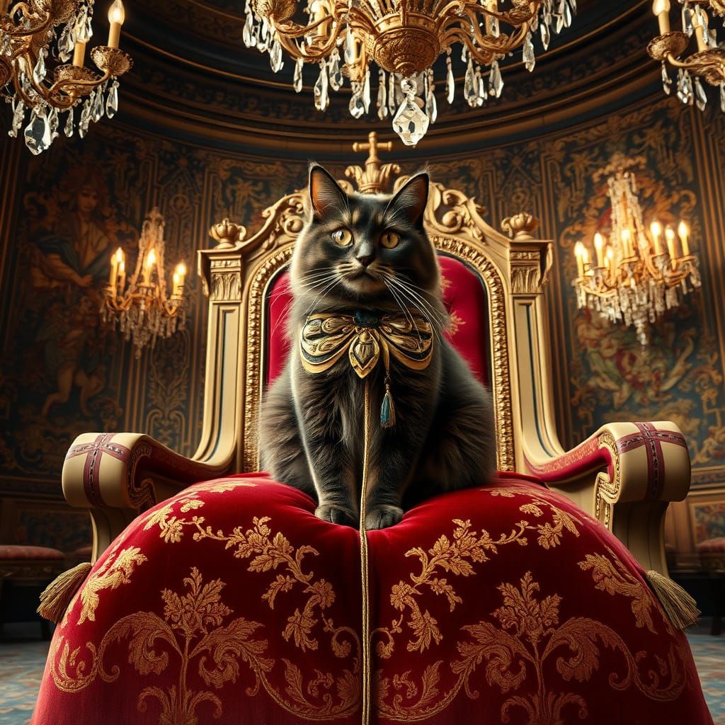Regal Feline Sovereign in Lavish Throne Room