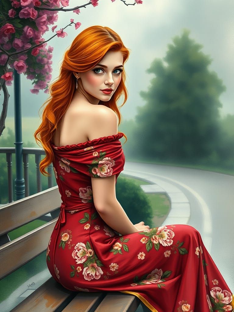 Red-Haired Woman in Red Dress, Gouache and Watercolor Style