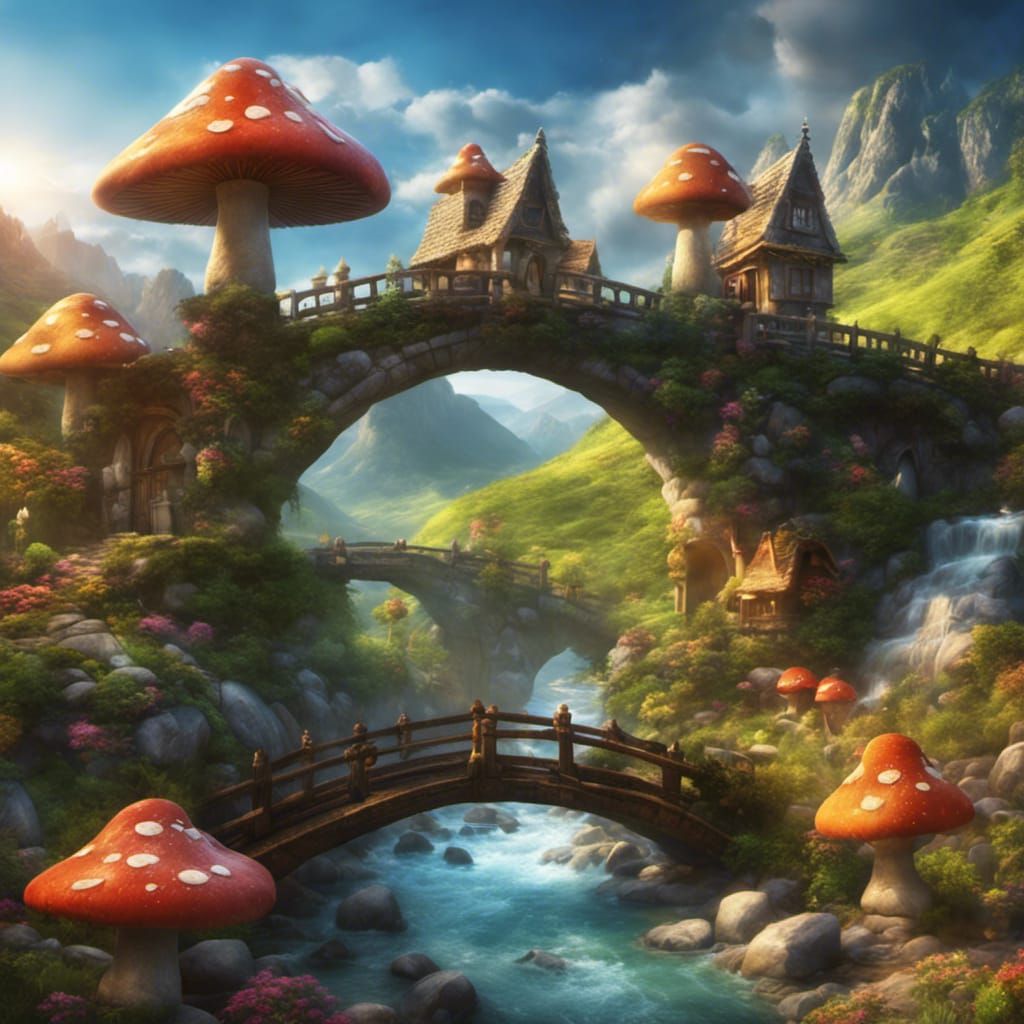 Fantasy Stone Bridge with Mushroom Houses in Art Brut Style